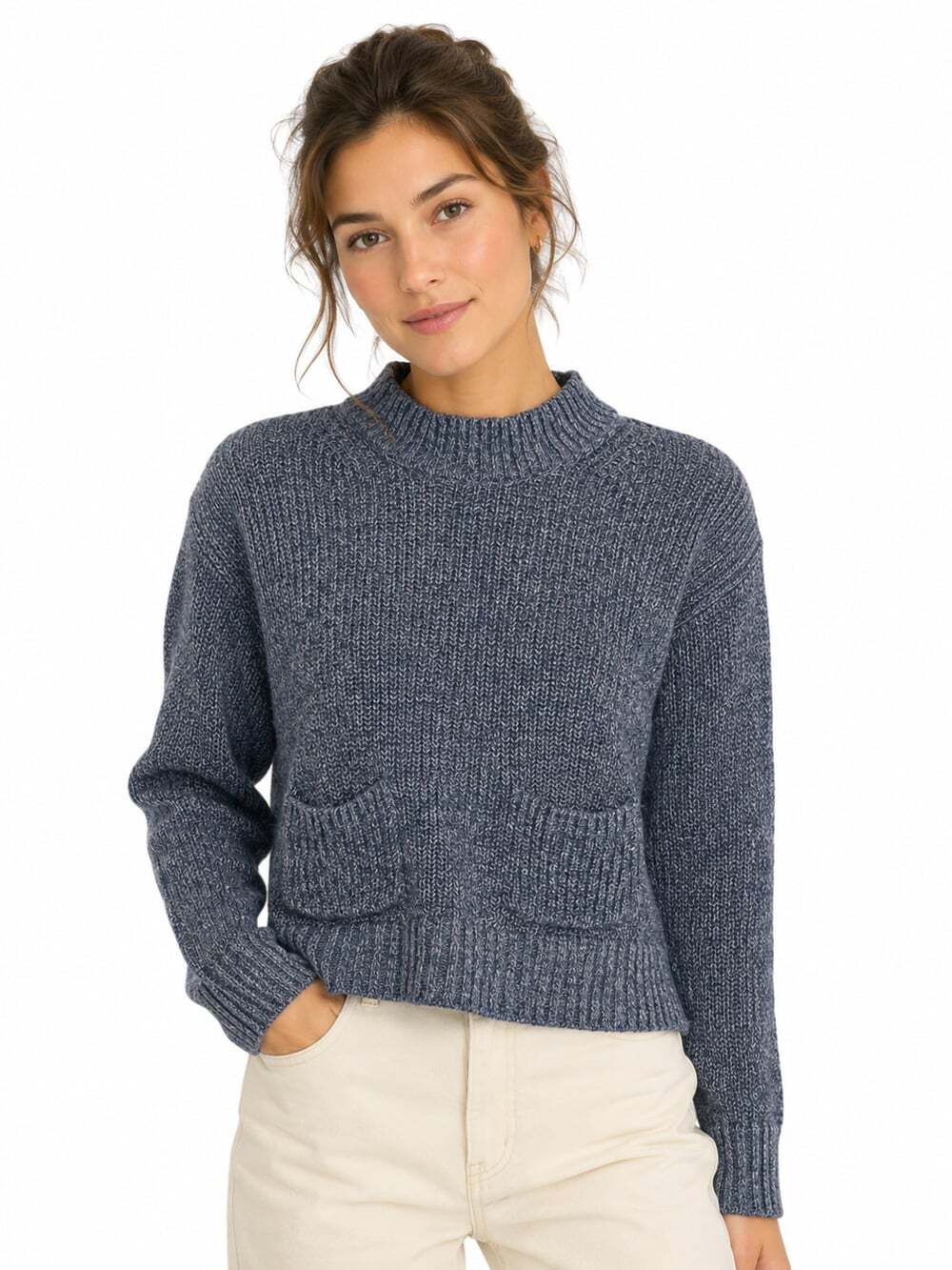Alex Mill Women's Hank High Neck Ribbed Sweater Marled Blue White Pockets Size S